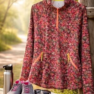 T by Talbots XL Floral Quarter Zip Pullover Neon Zip Active Stretch Top